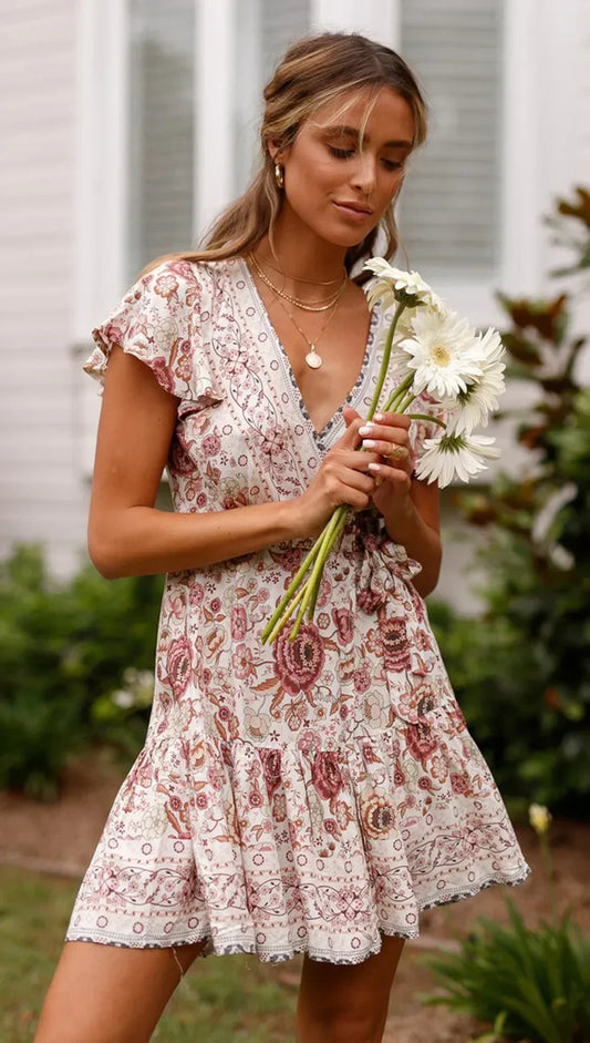 Green Floral Deep V-neck Boho Sundress Beige / S bohodress-250126