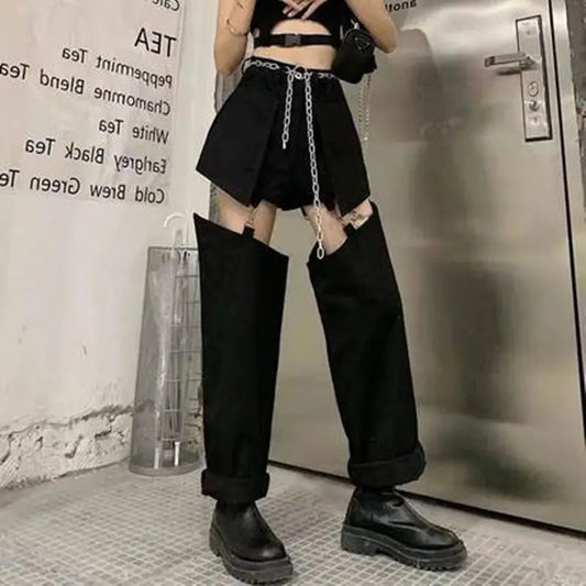 Washed Zipper Fake Ripped Denim Pants Black / S
