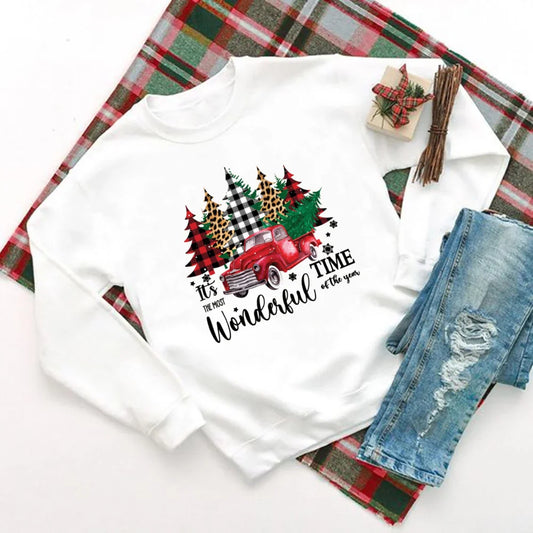 Wonderful Time Printed Party Holiday Sweater Xmas Outfit Christmas Hoodie White / S Hoodies-L