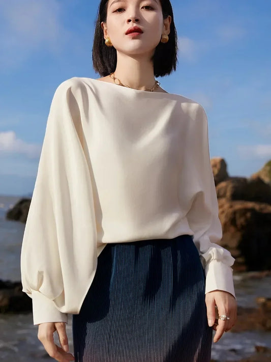 Lantern Sleeve Satin Casual Blouse Fashion Blouse clotted cream / S blouse-250126