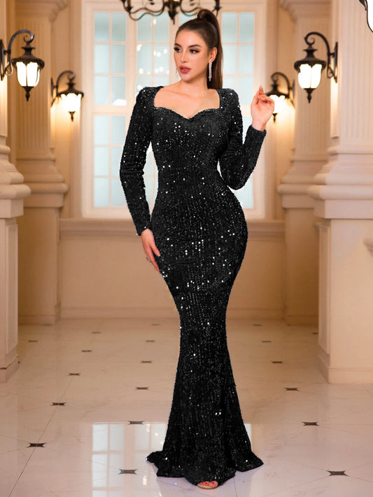 Long Sleeve Sequined Velvet Party Dress Black / S Partydress-241208