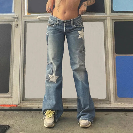 Low Rise Flared Retro Star Print Pockets Distressed Burr Y2K Streetwear Denim Jean Blue / S