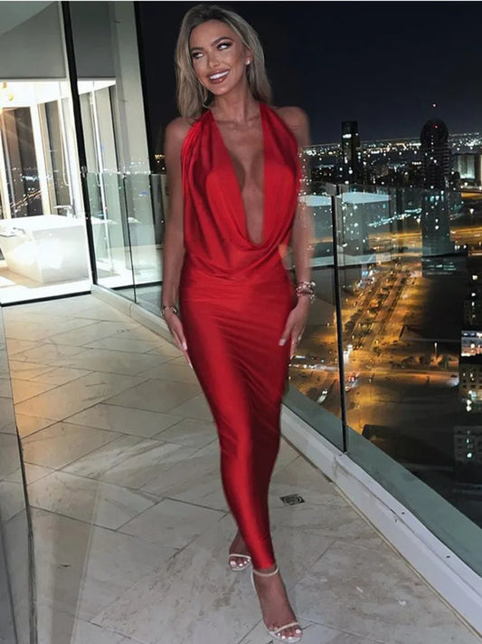 Elegant Satin Deep V Neck Sleeveless Maxi Christmas Party Dress Dresses-L