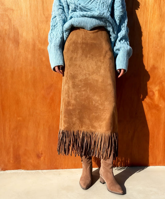 Faux Suede Fringe Maxi Skirt