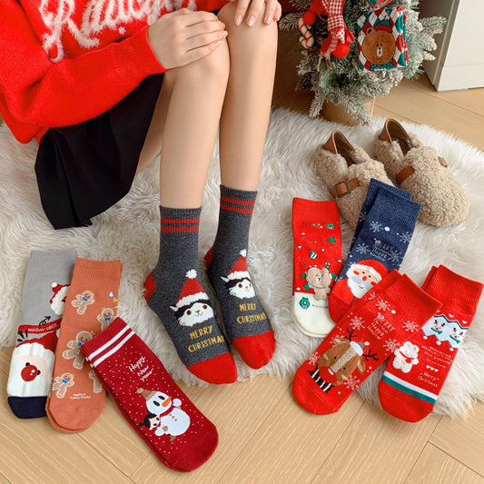 Cartoon Moose Santa Mid-Calf Crew Straight Socks