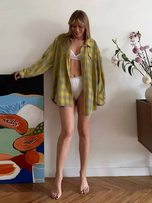 Plaid Collared Long Sleeve Blouse