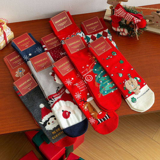 Cartoon Moose Santa Mid-Calf Crew Straight Socks