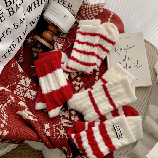 Red Striped Cashmere Blend Warm Mid Calf Socks