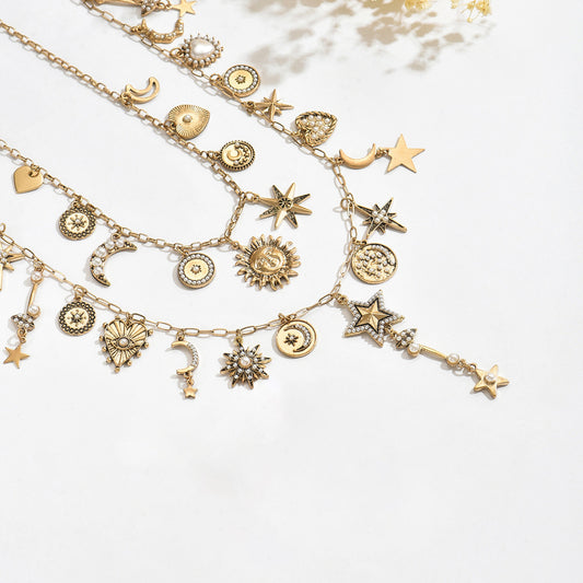 Vintage Heart Sun Moon Tassel NeckLace