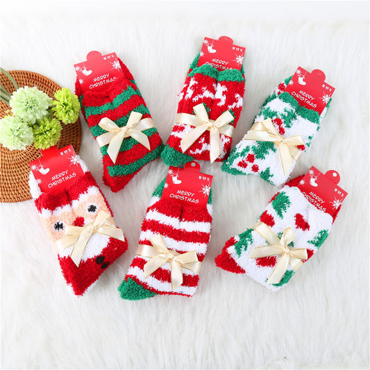 Coral Fleece Thick Bow Santa Tree Elk Socks