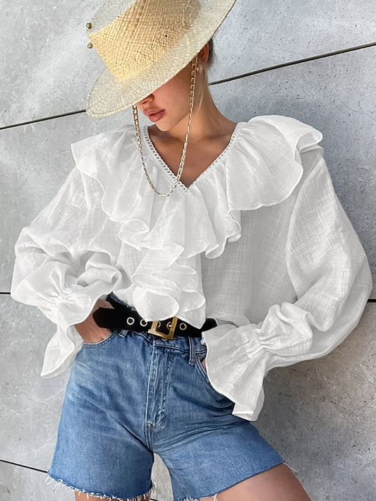 Chemisier en coton à volants et épaules tombantes
