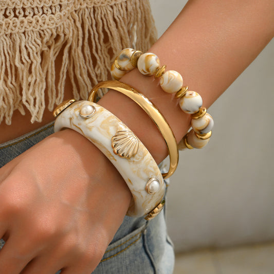 Shell Pearl Resin Bead Boho Layered Bracelet