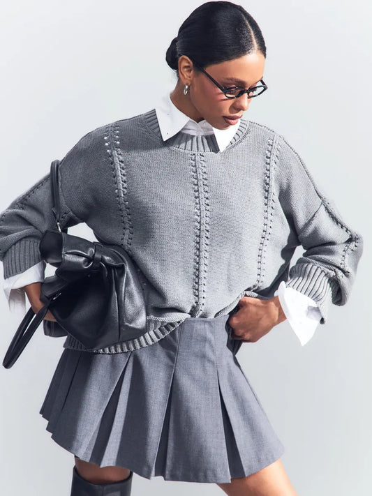 Pull décontracté à col rond en tricot creux