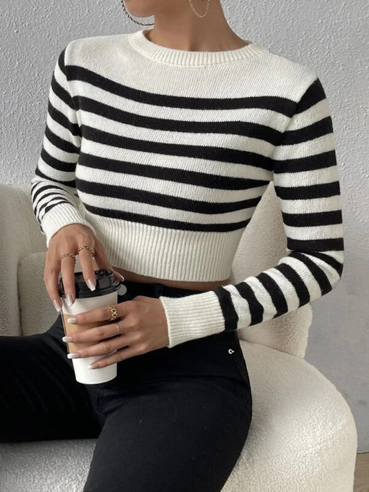 Striped Cropped Crewneck Sexy Knit Sweater