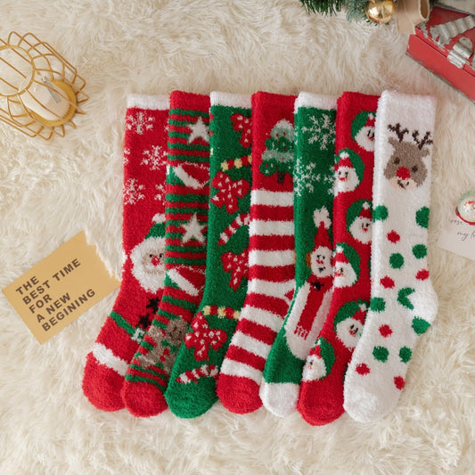 Coral Fleece Non Slip Thick Reindeer Snowman Knee High Socks