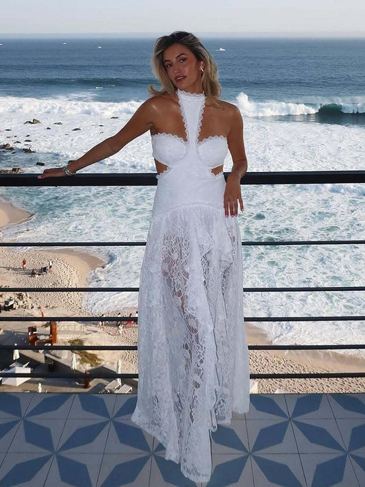 Lace Halter Cutout Bodycon Maxi Dress(图片