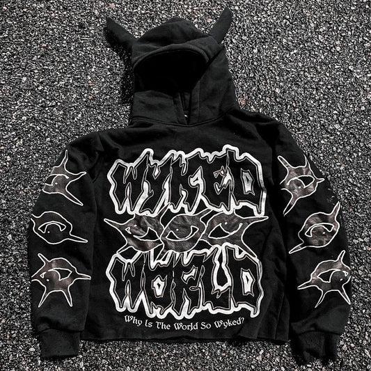 Y2K Chic Street Print Devil Horn Hoodie