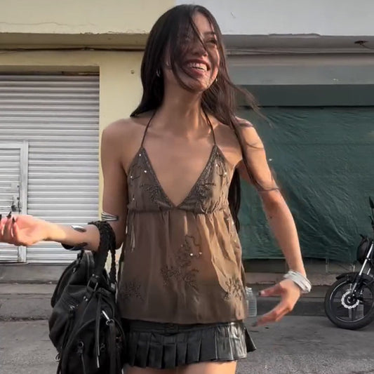 Débardeur en maille brodée avec strass