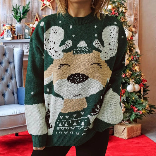 Long Sleeve Elk Snowflake Pattern Loose Knit Christmas Sweater Green / S Sweaters-L