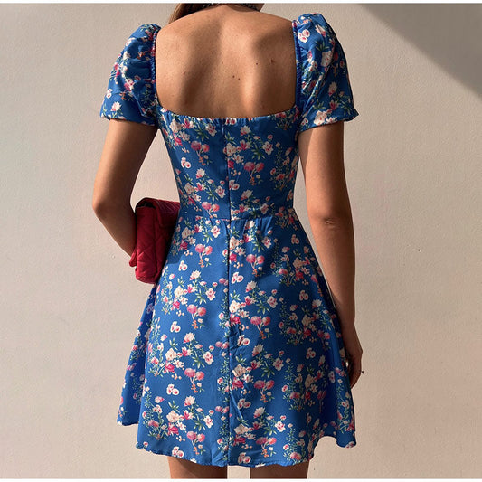 Waist Arm A-Line Puff Women’s V-Neck High Flowered Dress S / Orange Dresses