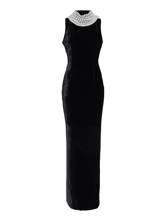 Sexy Black Velvet Halter Neck Pearl Chain Long Dress Maxi Christmas Party / Xs Dresses-L