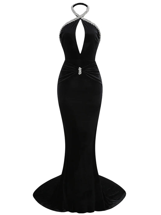 Sexy Halter Neck Diamonds Chain Hollow Out Black Velvet Sleeveless Christmas Party Dress / Xs