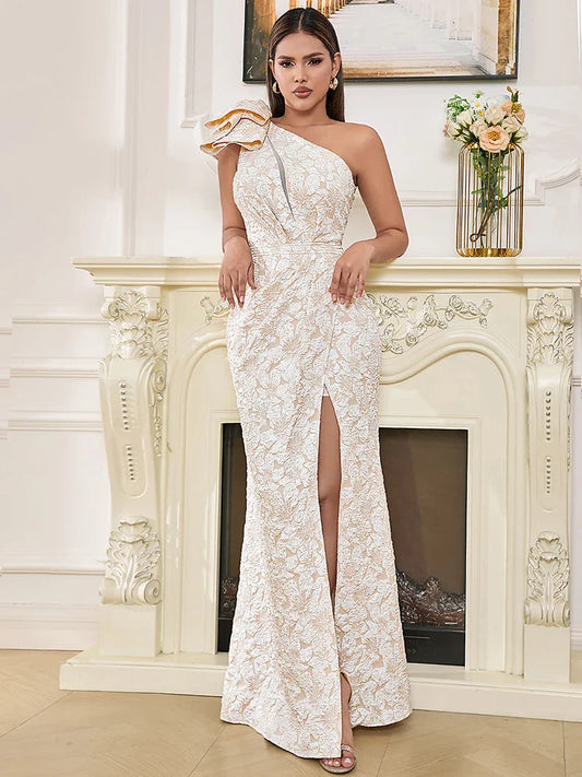 Sexy One Shoulder Flower Jacquard Long Sleeveless Folds Christmas Party Dress White / Xs Dresses-L