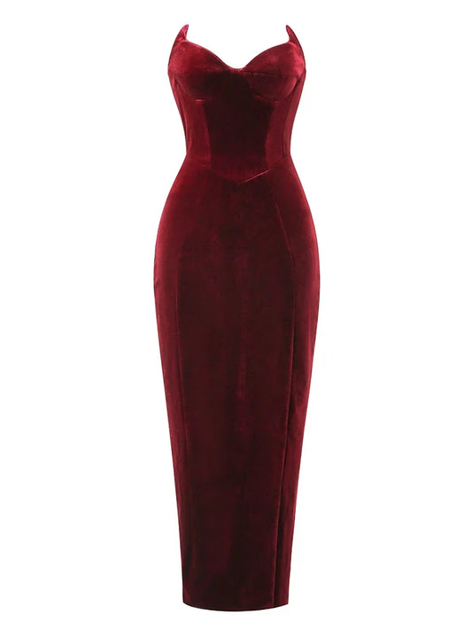 Sexy Strapless V Neck Velvet Maxi Dress Women Burgundy Black Christmas Party / S Dresses-L