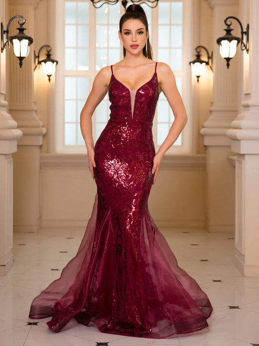 Sleeveless Sequined Mermaid Party Dress Burgundy / S Partydress-241208