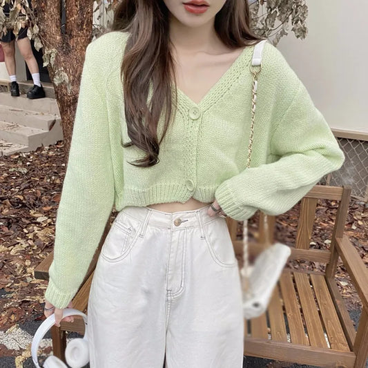 Long Sleeve Thin Short Solid Casual All-Match Cardigan Green / One Size cardiagn-250126