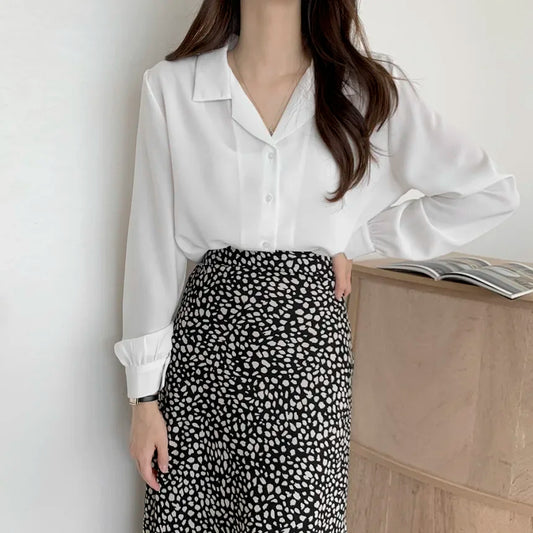 Chic Lantern Sleeve Suit Collar Loose Office Shirt WHITE / One Size blouse-250126