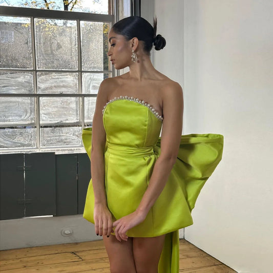 Stylish Green Pink Red Satin Mini Party Dresses Detachable Bow Christmas Dress / 2 Dresses-L