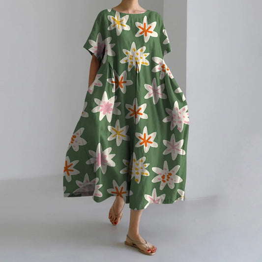 Fashion Floral Printed Short Sleeve Dinner Floral Dress green3 / S oldfloraldress-250126