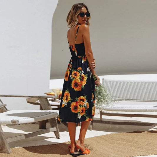 Suspender V-neck Sleeveless Floral Vacation Dress oldfloraldress-250126