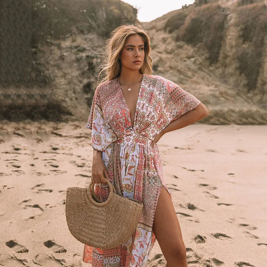 Floral Print Smock Frock Bikini Cover-Up Pink / S bohodress-250126