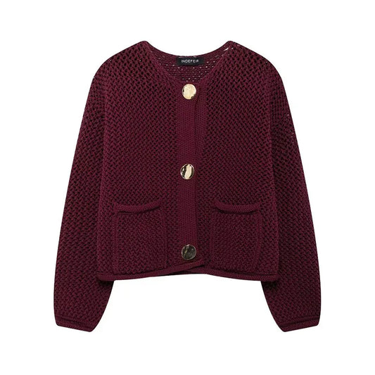 Vintage Stylish Cozy Cropped Wine Red Knitted Button Pocket Christmas Sweater Wine Red / S