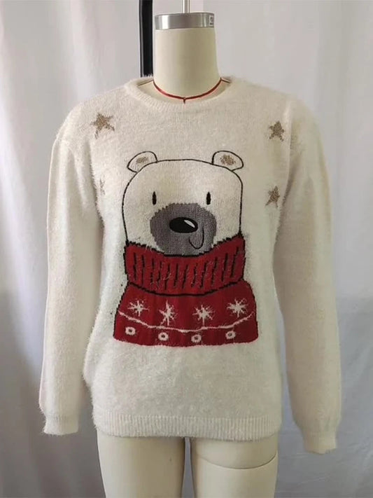 Christmas Cartoon Bear Embroidery Holiday Sweater Sweaters-L