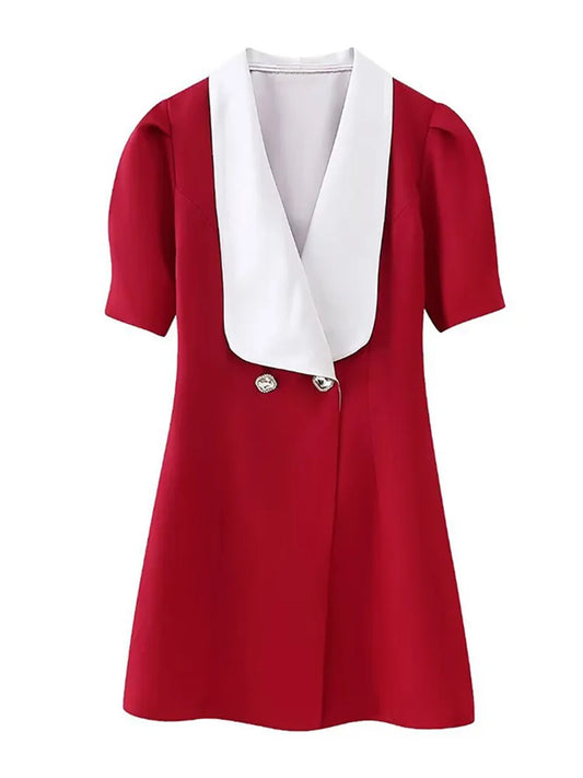 Vintage Red Contrasting Button Mini Dresses Elegant V Neck A-Line Christmas Party Dress Rose Red /