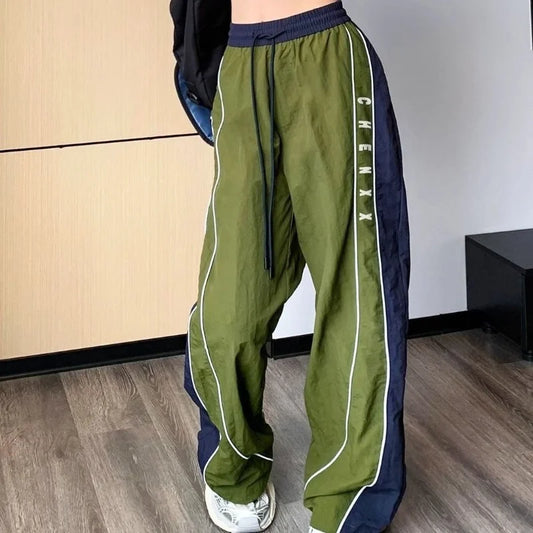 Vintage Patchwork Elastic Waist Pants Green / S