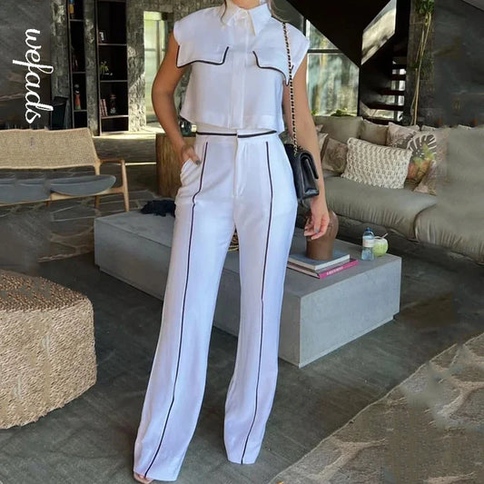 Ensemble deux pièces de bureau avec gilet à revers contrasté et poches et pantalon