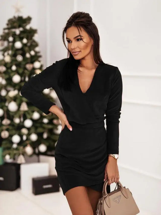 Autumn Winter New Commuting Sexy Fashion V-Neck Pullover Velvet Christmas Party Dress Black / S