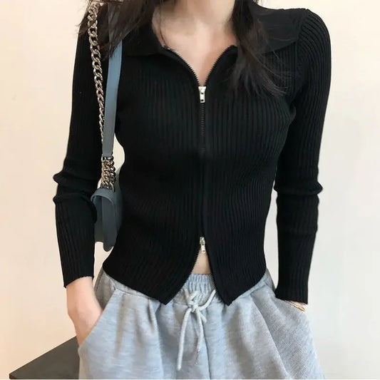 Slim Fit Polo Collar Double-Headed Zipper Knitted Cardigan cardiagn-250126