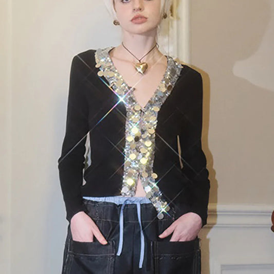 Wool Blend Colorful Sequin V-Neck Cardigan Black / S Cardigan-241208