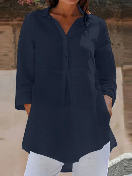 Lapel Neck 3/4 Sleeve Casual Loose Button Blouse Navy / S blouse-250126