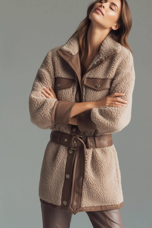 Manteau vintage en polaire avec ceinture et poches