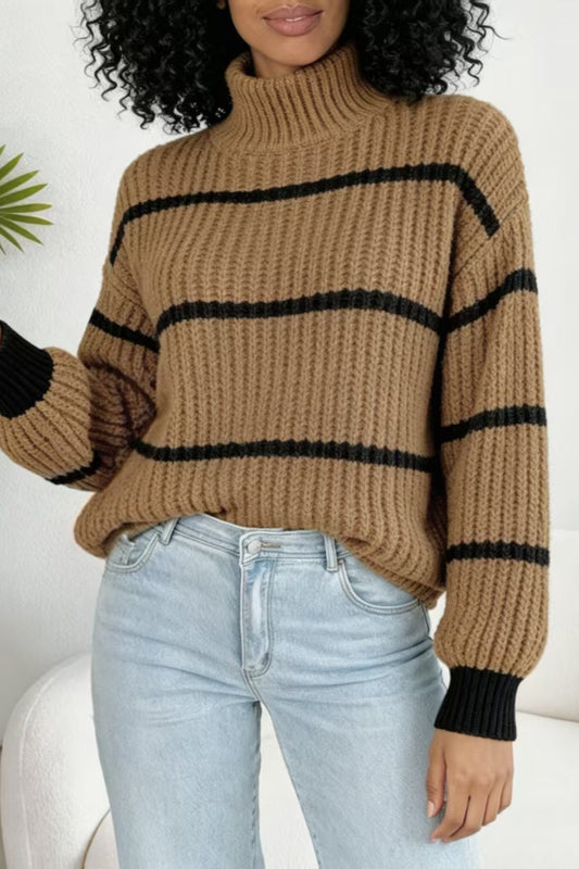 Contrast Stripe Turtleneck Relaxed Knit Sweater