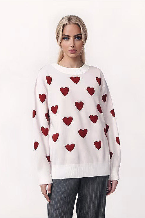 Heart-Accented Crew-Neck Long-Sleeve Loose Sweater