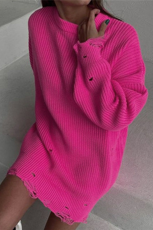 Distressed Hem Turtleneck Oversized Knit Sweater
