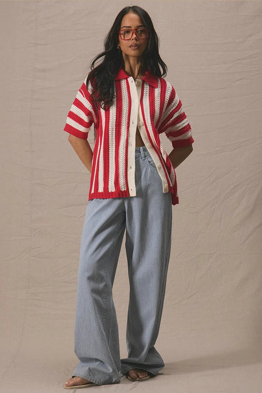 Cardigan en tricot à col replié et rayures colorblock