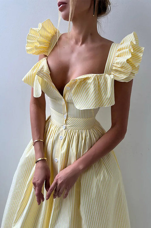 Robe fleurie à volants et à rayures, col carré